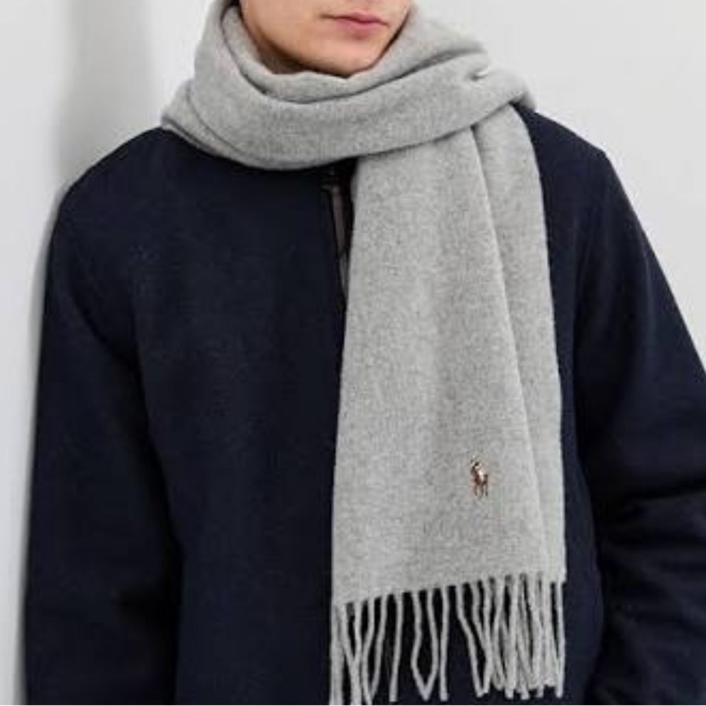Polo Ralph Lauren Gray Flannel Lambswool Fringed Scarf